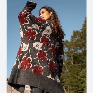 SAACHI FLORAL KNITTED CARDIGAN LONG Gray Maroon Sweater 3D One Size